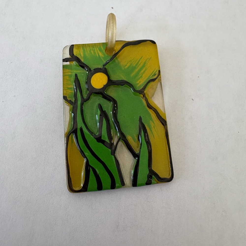 Vintage lucite Floral Pendant with Green and Yellow Design On a choker